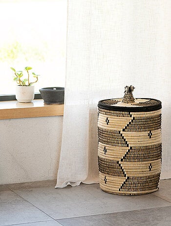 Cesto per il bucato con motivi etnici in fibre naturali