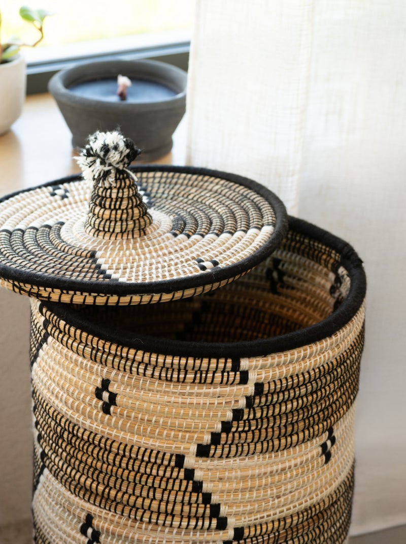 Cesto per il bucato con motivi etnici in fibre naturali Nero - Kiabi