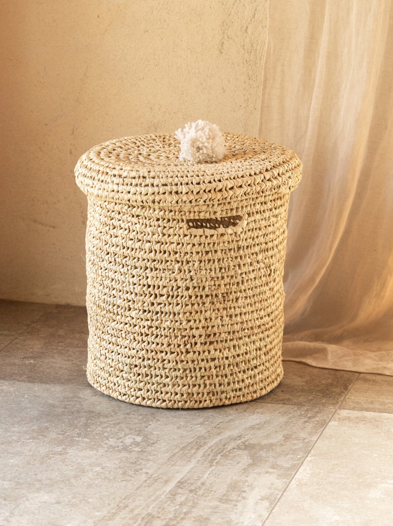 Cesto portabiancheria traforato con coperchio a pompon Bianco - Kiabi