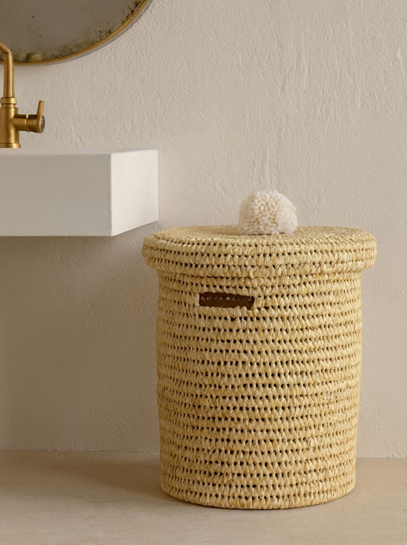 Cesto portabiancheria traforato con coperchio a pompon Bianco - Kiabi