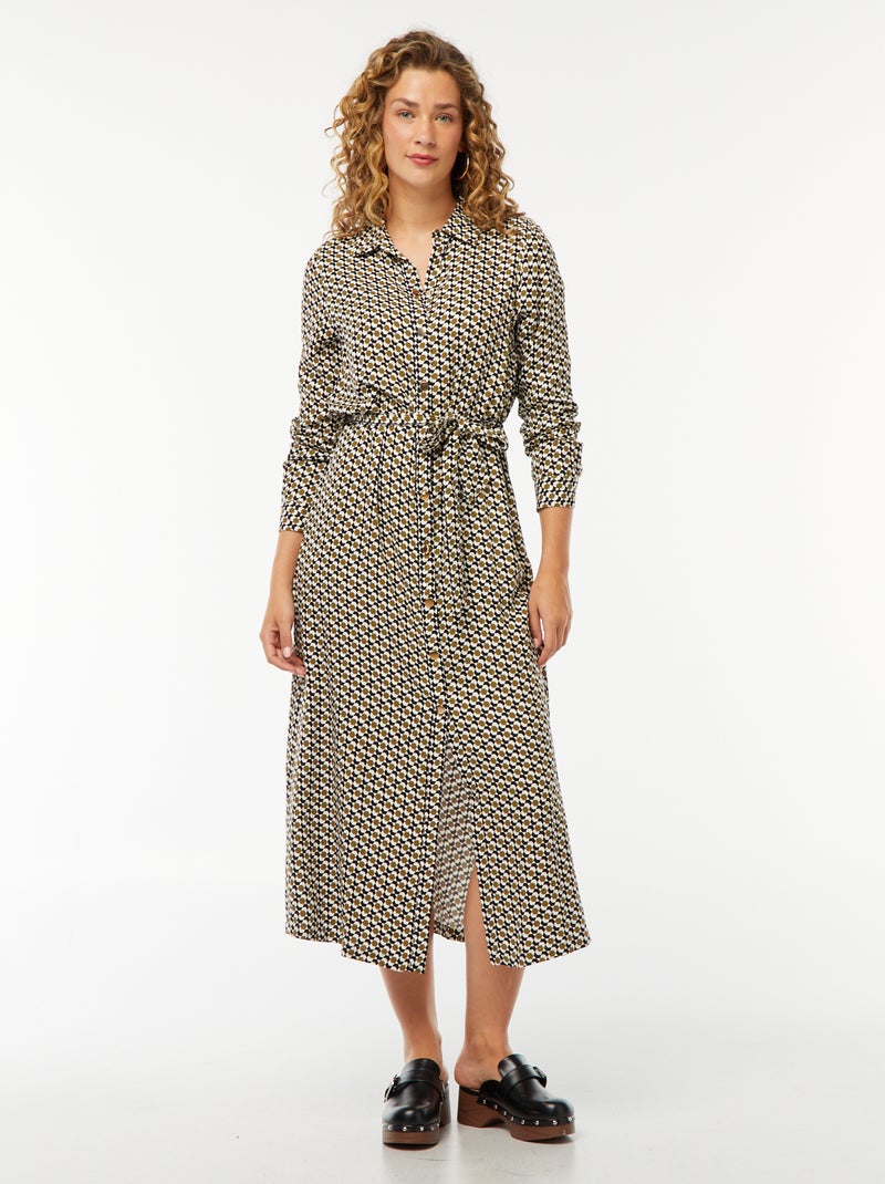 Chemisier lungo stampato con cintura Beige - Kiabi