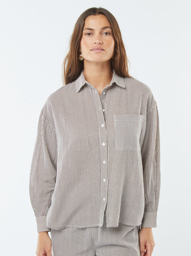 Chemisier oversize in lino a righe Beige - Kiabi
