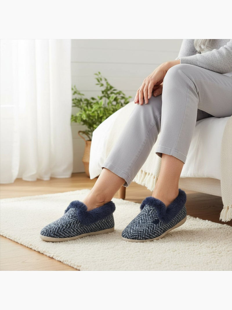 Ciabatte donna ozabi fintasma borchiate, collo in finta pelliccia Blu marino - Kiabi