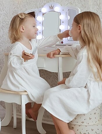 Coiffeuse in legno XXL con LED, sgabello e accessori per bambina