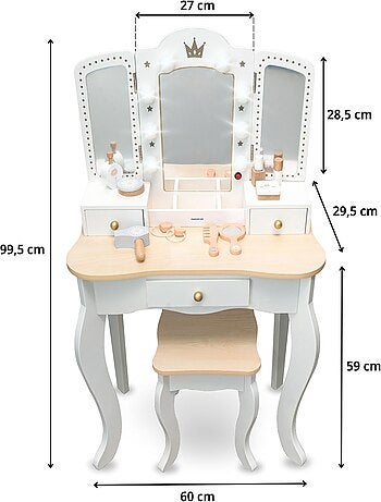 Coiffeuse in legno XXL con LED, sgabello e accessori per bambina