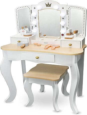 Coiffeuse in legno XXL con LED, sgabello e accessori per bambina