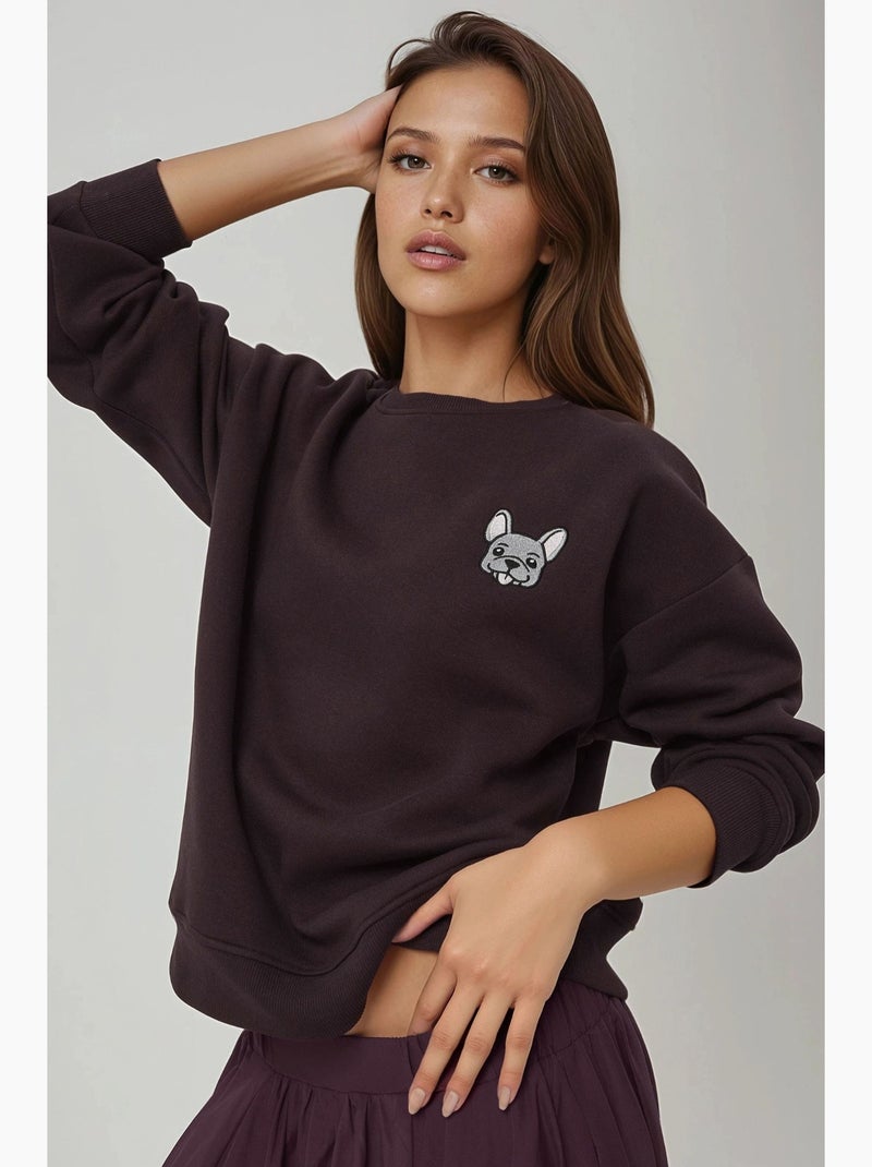 Comfort felpa girocollo con motivo animalier ricamato in rilievo hiccup Marrone scuro - Kiabi