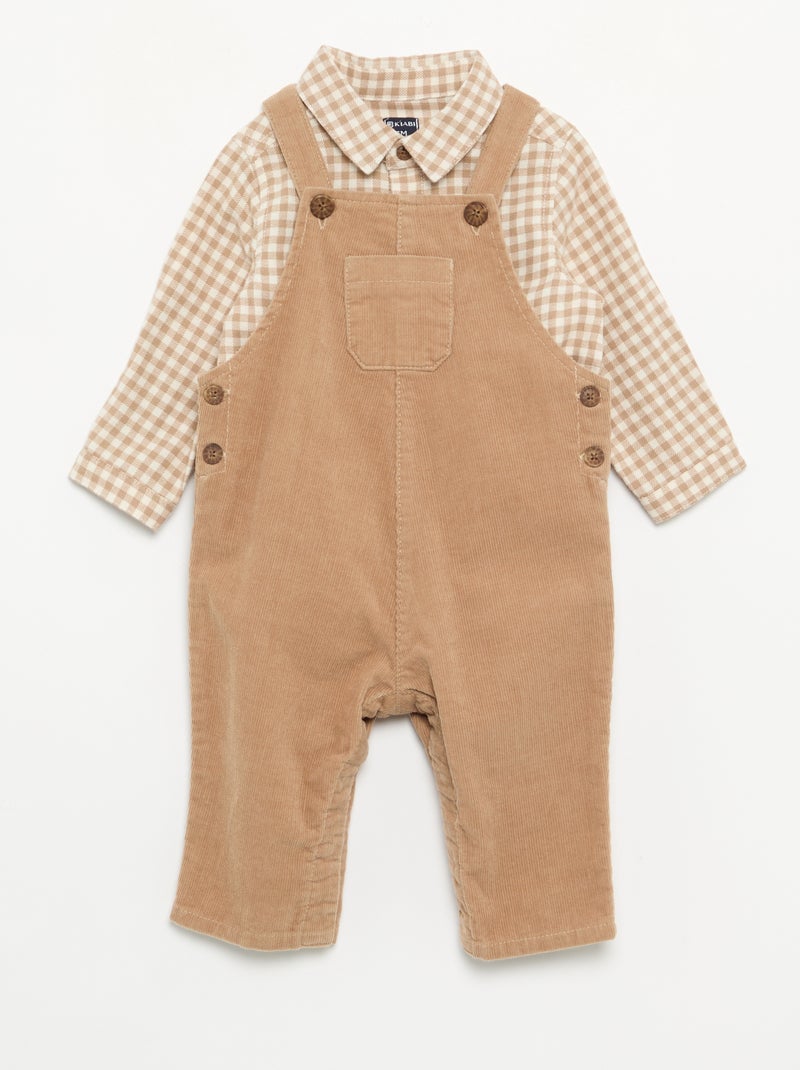 Completo 2 pezzi - Salopette lunga + Camicia a maniche lunghe Beige - Kiabi