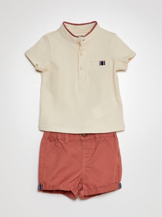 Completo 2 pezzi - T-shirt stile polo + shorts in twill