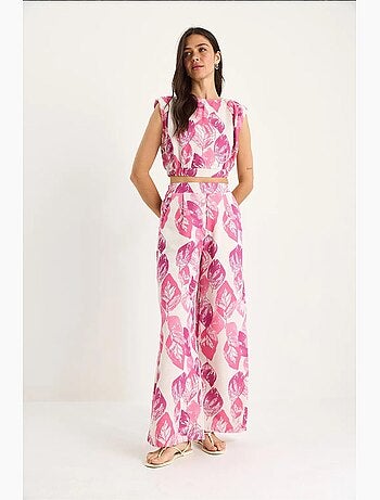 Completo 2 pezzi lino fantasia, blusa corta e pantaloni larghi lucci