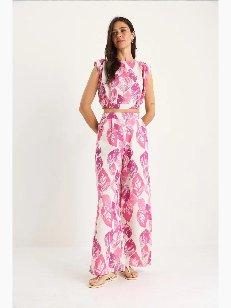Completo 2 pezzi lino fantasia, blusa corta e pantaloni larghi lucci Rosa fluo/Solinotes - Kiabi