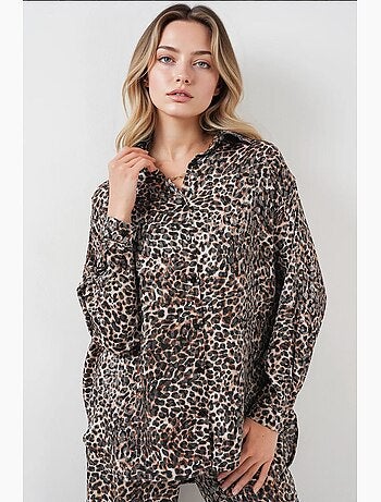 Completo 2 pezzi raso camicia stampa leopardata e pantaloni gamba ampia bdart