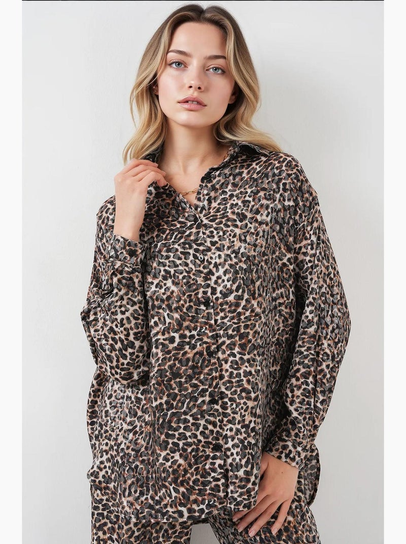 Completo 2 pezzi raso camicia stampa leopardata e pantaloni gamba ampia bdart Cammello - Kiabi