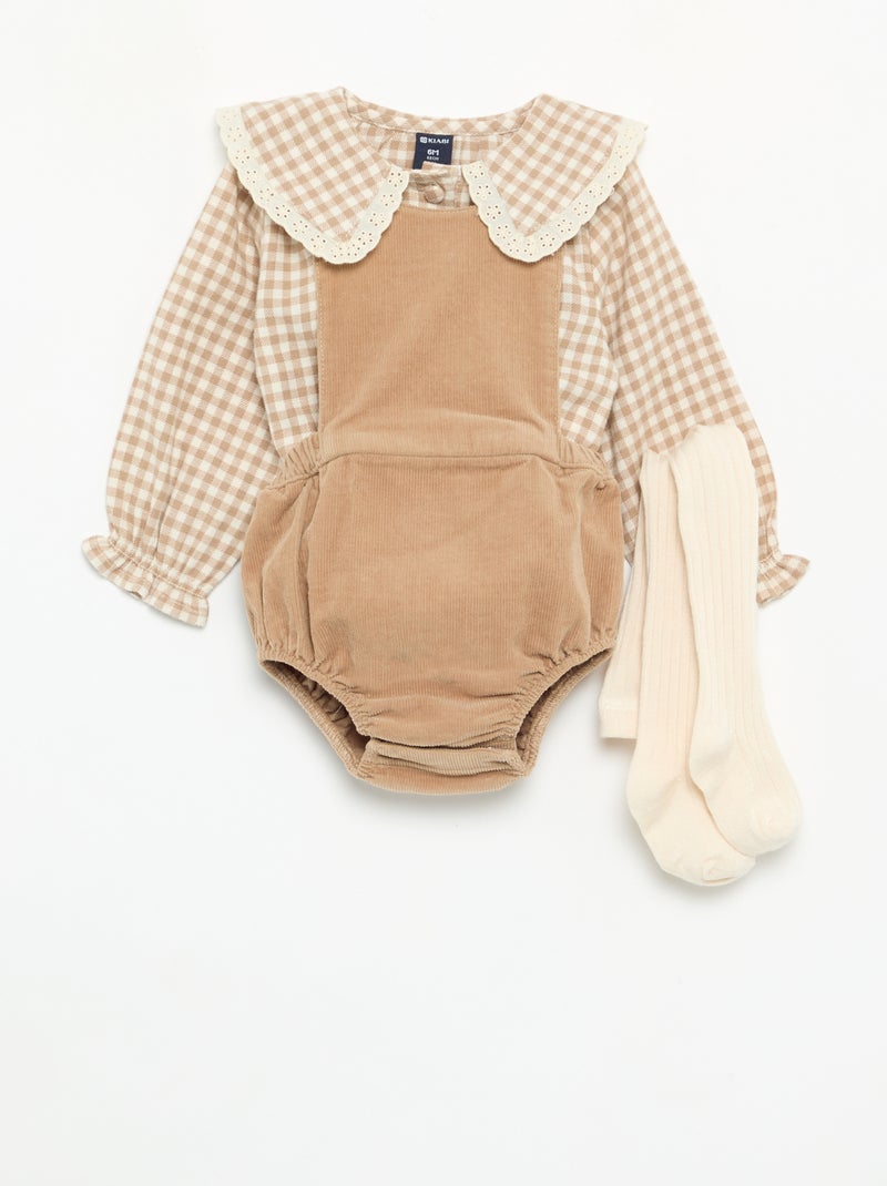 Completo 3 pezzi - Salopette corta + blusa + paio di collant Beige - Kiabi