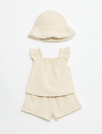 Completo 3 pezzi in maglia a costine - shorts + T-shirt + cappellino da pescatore