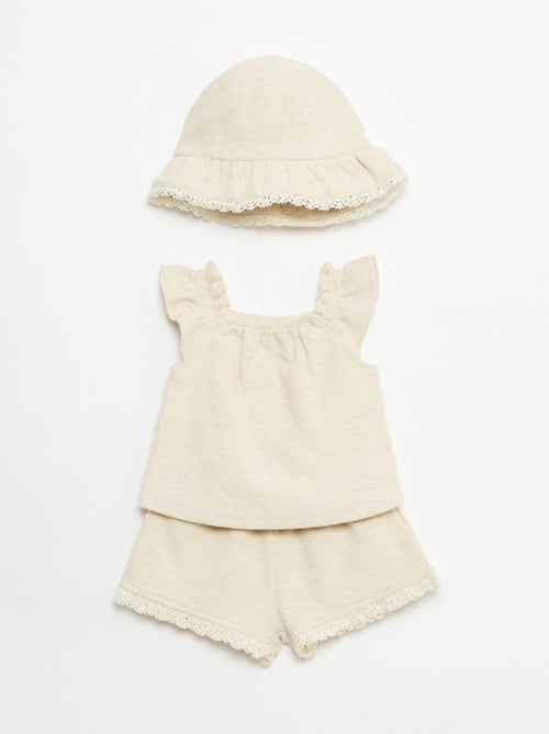 Completo 3 pezzi in maglia a costine - shorts + T-shirt + cappellino da pescatore - Kiabi