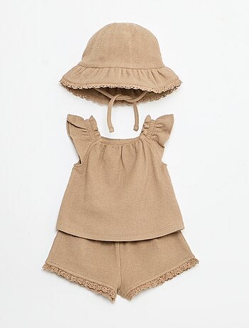 Completo 3 pezzi in maglia a costine - shorts + T-shirt + cappellino da pescatore