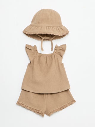Completo 3 pezzi in maglia a costine - shorts + T-shirt + cappellino da pescatore