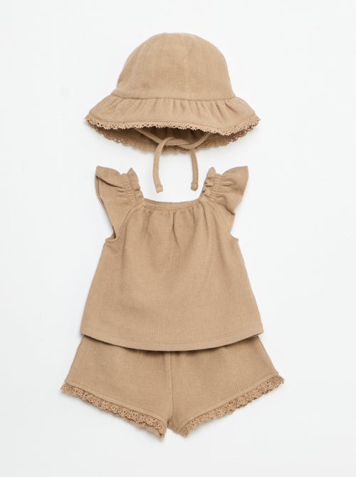 Completo 3 pezzi in maglia a costine - shorts + T-shirt + cappellino da pescatore - Kiabi
