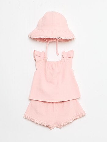 Completo 3 pezzi in maglia a costine - shorts + T-shirt + cappellino da pescatore