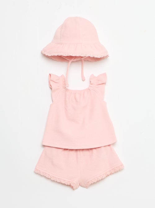 Completo 3 pezzi in maglia a costine - shorts + T-shirt + cappellino da pescatore - Kiabi