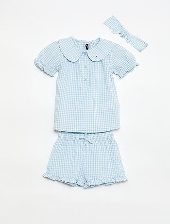 Completo 3 pezzi: tunica + shorts + fascia in vichy