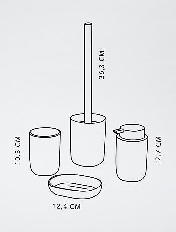 Completo 4 pezzi: portasapone + dispenser di sapone + bicchiere per spazzolini da denti + scopino da bagno