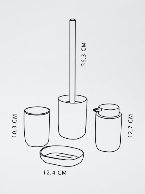 Completo 4 pezzi: portasapone + dispenser di sapone + bicchiere per spazzolini da denti + scopino da bagno - Kiabi