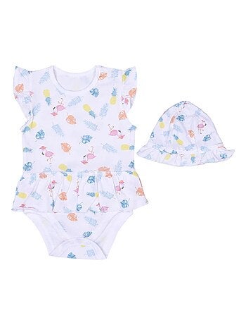 Completo abito body e cappello in cotone biologico per neonata, collezione tropi - Kitikate