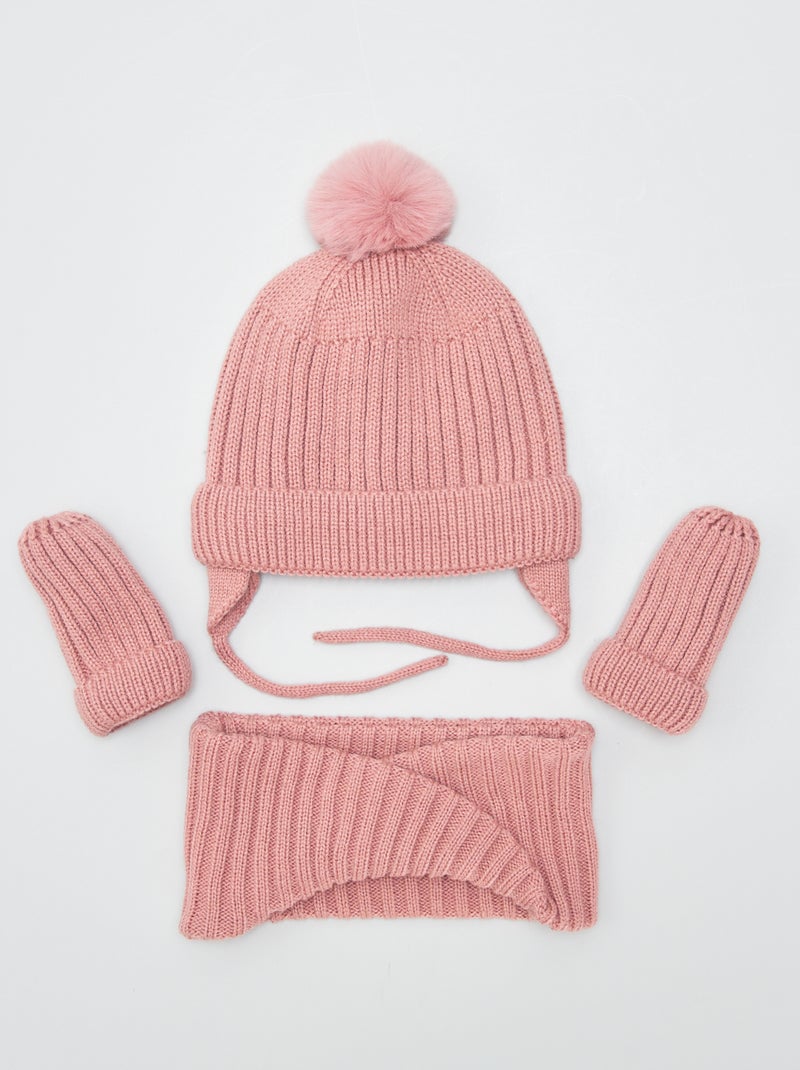 Completo berretto + sciarpa ad anello + muffole ROSA - Kiabi