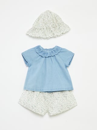 Completo blusa a maniche corte + shorts + cappello - 3 pezzi