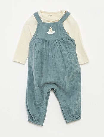 Completo body + salopette in garza di cotone - 2 pezzi