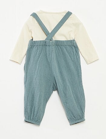 Completo body + salopette in garza di cotone - 2 pezzi
