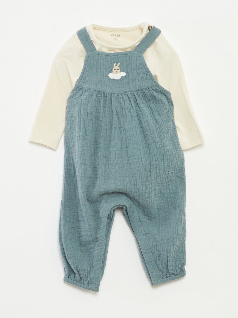 Completo body + salopette in garza di cotone - 2 pezzi Blu - Kiabi