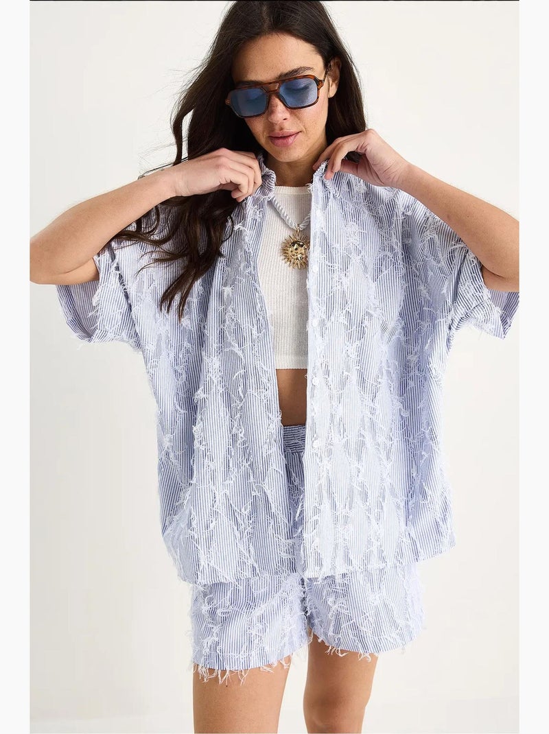 Completo camicia oversize a righe e pantaloncini lucci Blu cielo - Kiabi