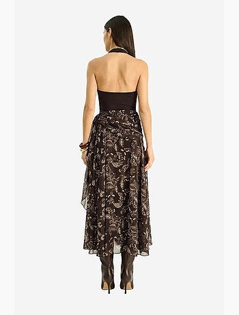 Completo con blusa in chiffon a stampa etnica e gonna midi lucci