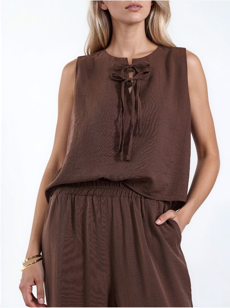 Completo con blusa senza maniche testurizzata e pantaloni a gamba ampia hiccup Marrone - Kiabi