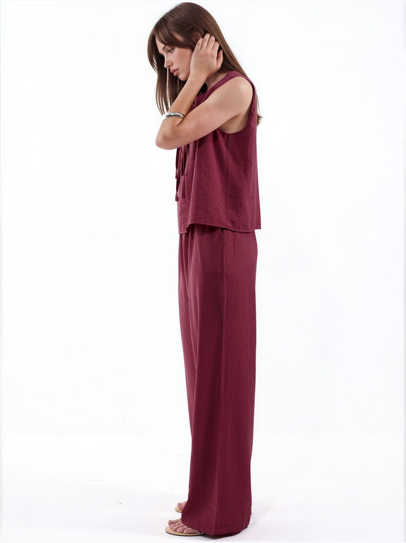 Completo con blusa senza maniche testurizzata e pantaloni a gamba ampia hiccup Rosso granata - Kiabi