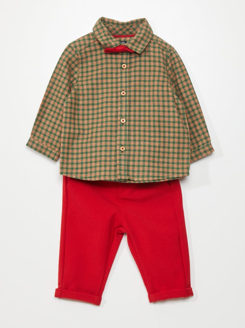 Completo con camicia a quadri + pantaloni in flanella + papillon VERDE - Kiabi