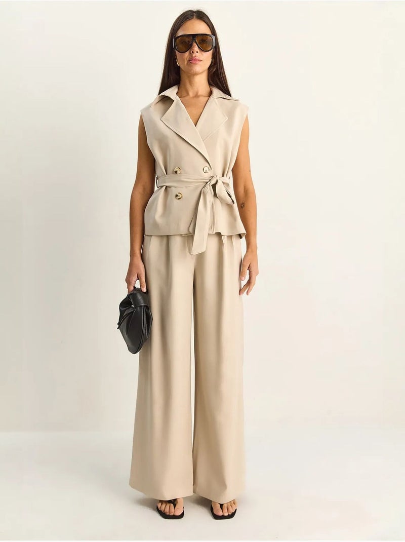 Completo coordinato a vita alta con gamba larga e collo a scialle lucci Beige argilla - Kiabi
