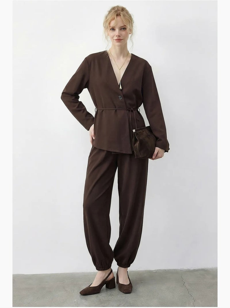 Completo coordinato con scollo a v, maniche lunghe e vita elasticizzata lucci Marrone cioccolato - Kiabi