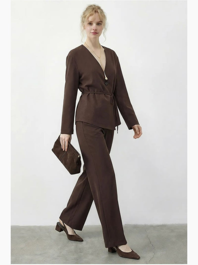 Completo coordinato con scollo a v, maniche lunghe e vita elasticizzata lucci Marrone cioccolato - Kiabi