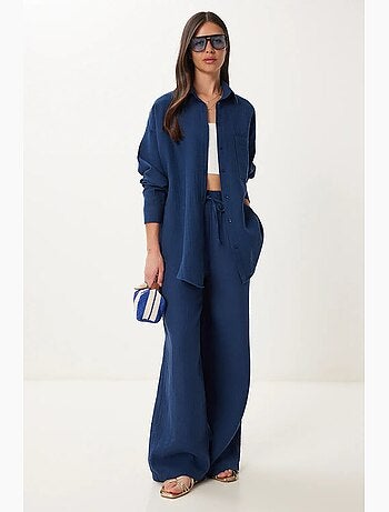 Completo coordinato due pezzi a vita alta con gamba ampia e collo a camicia istanbul