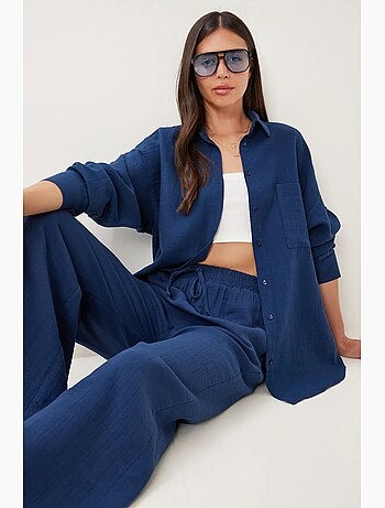 Completo coordinato due pezzi a vita alta con gamba ampia e collo a camicia istanbul