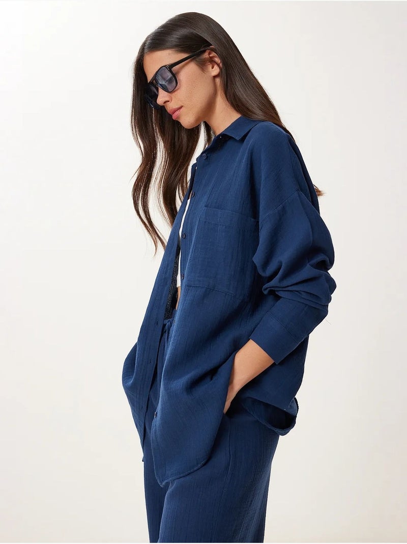 Completo coordinato due pezzi a vita alta con gamba ampia e collo a camicia istanbul Blu marino - Kiabi