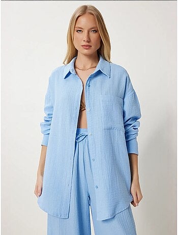 Completo coordinato due pezzi a vita alta con gamba ampia e collo a camicia istanbul