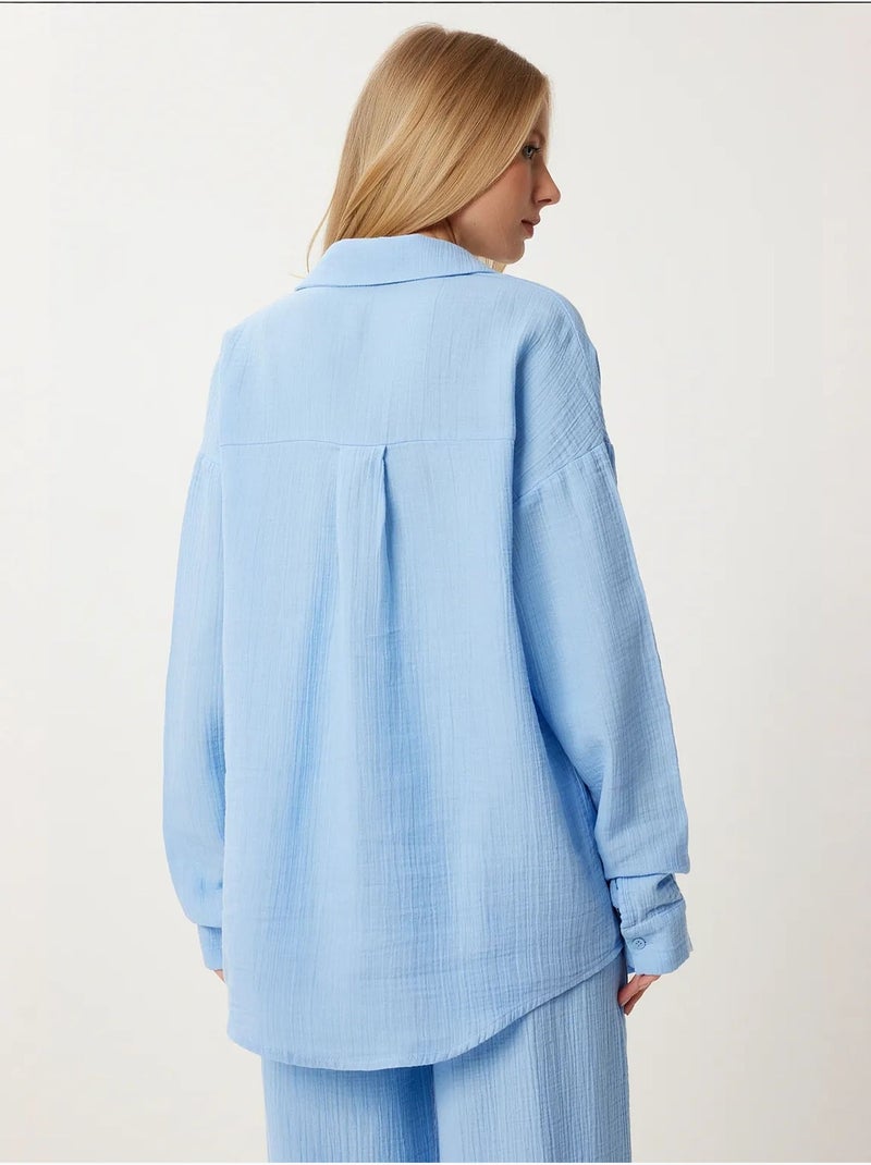 Completo coordinato due pezzi a vita alta con gamba ampia e collo a camicia istanbul Blu zaffiro - Kiabi