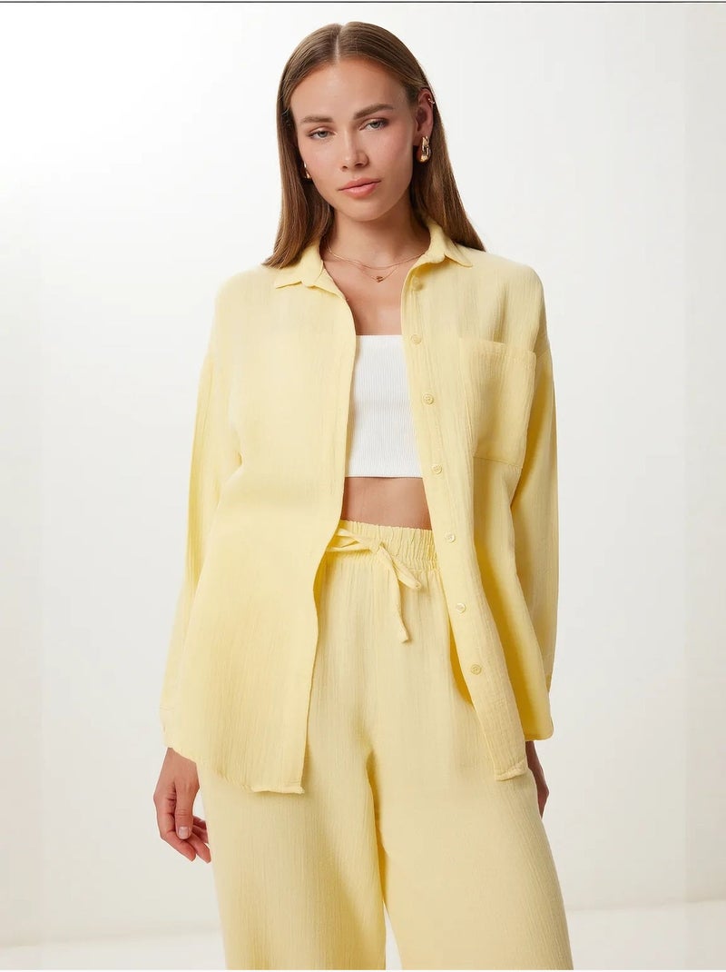 Completo coordinato due pezzi a vita alta con gamba ampia e collo a camicia istanbul Giallo limone - Kiabi