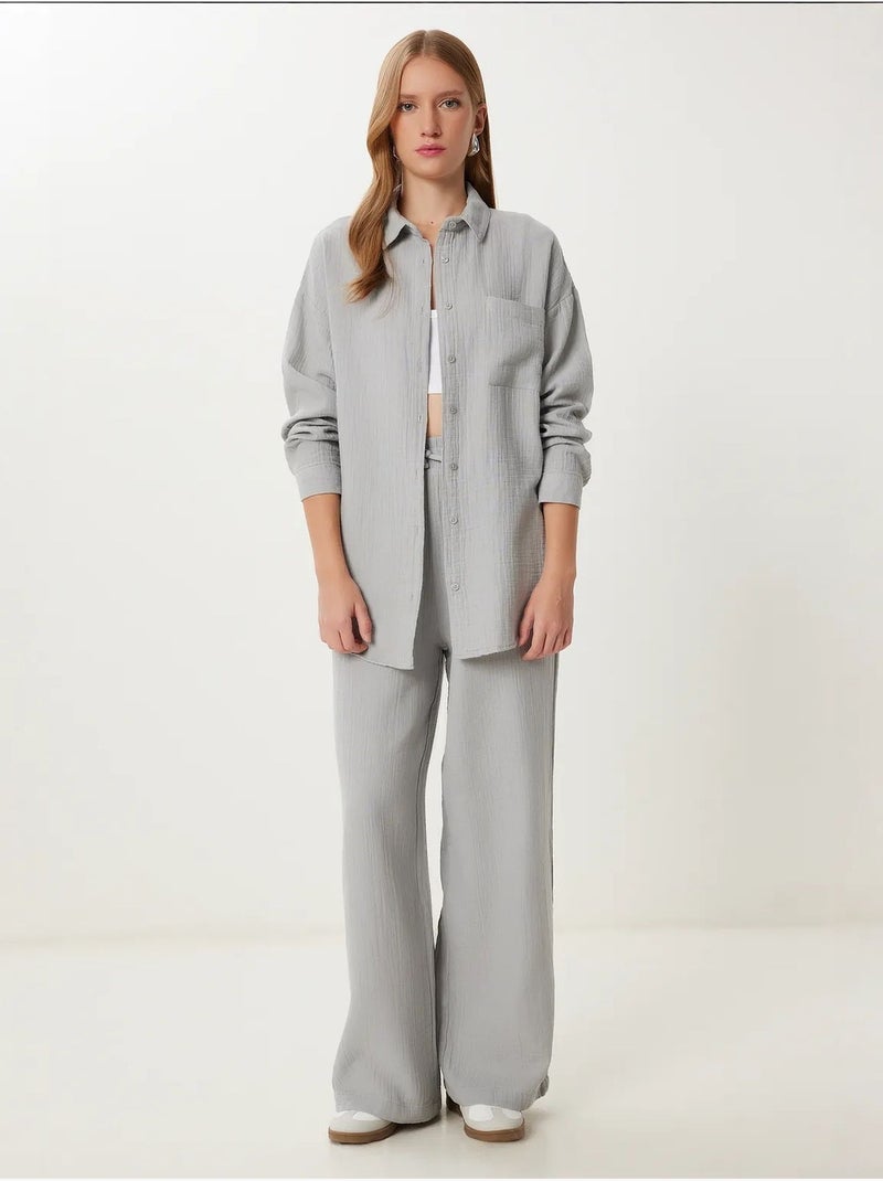 Completo coordinato due pezzi a vita alta con gamba ampia e collo a camicia istanbul Grigio - Kiabi