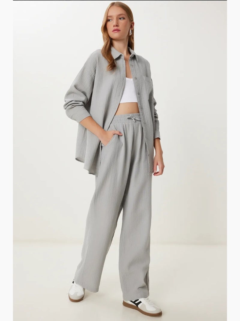 Completo coordinato due pezzi a vita alta con gamba ampia e collo a camicia istanbul Grigio - Kiabi